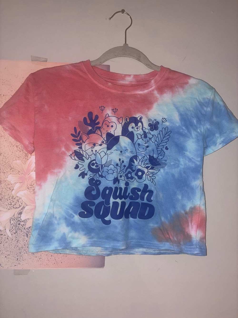Girls Squishmallows Tie-Dye Pink Blue Crop Tee - Squish Squad Graphic